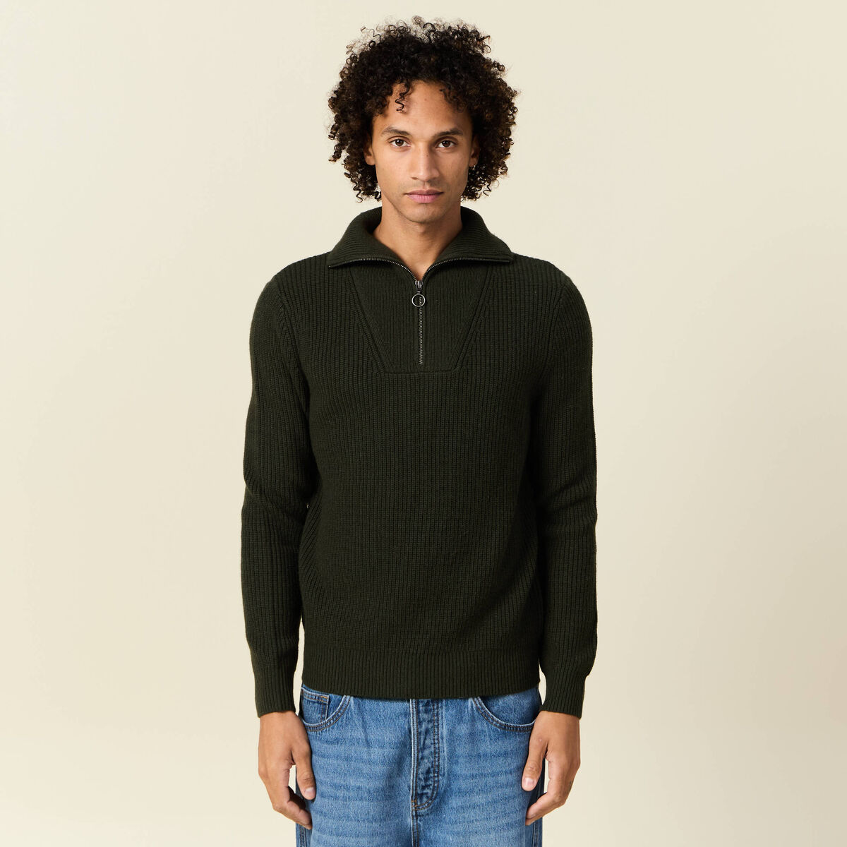 Pull col camionneur vert kaki homme