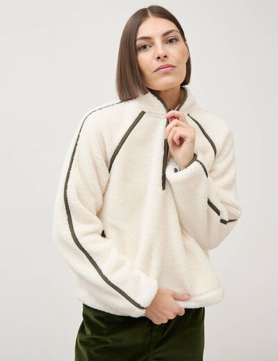 Sweat droit bouclette col montant ecru femme