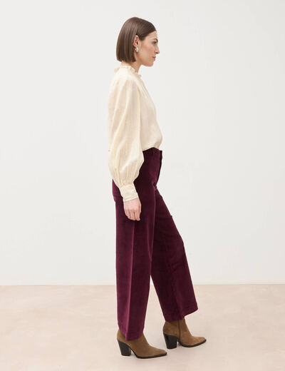 Pantalon large taille haute en velours prune femme