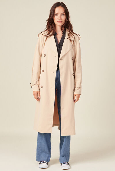 Trench droit long déperlant beige femme