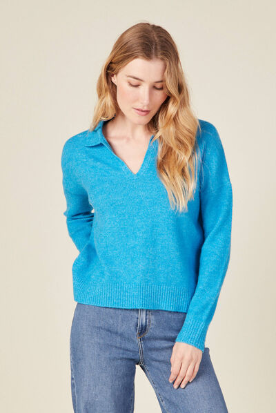 Pull col polo éco-responsable bleu femme