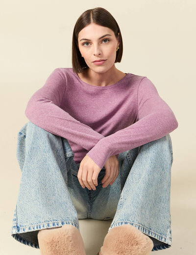 T-shirt cintr&eacute; manches longues col rond mauve femme
