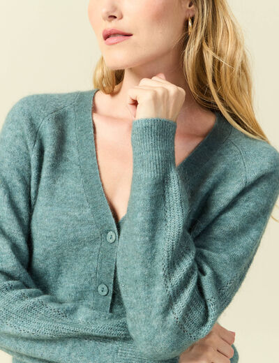 Gilet ajour&eacute; col V manches longues vert femme