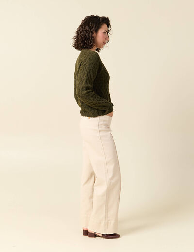 Gilet ajour&eacute; droit court col v vert kaki femme