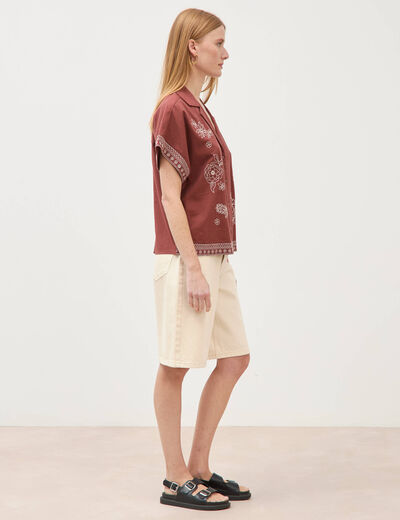Chemise ample manches courtes marron cognac femme