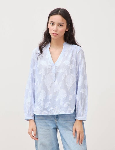 Chemise en coton col V manches longues bleu gris femme