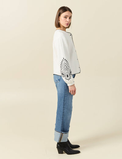 Gilet manches longues brodé ecru femme