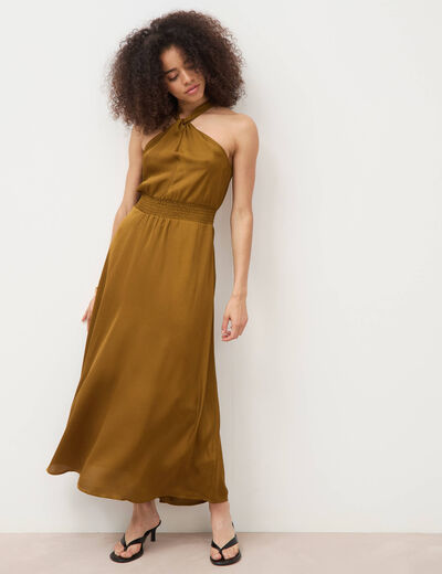Robe satin&eacute;e col montant sans manches vert olive femme