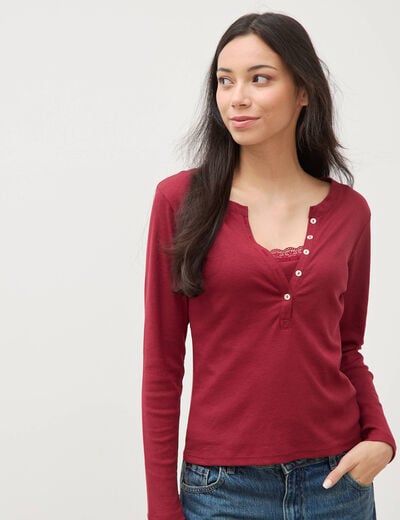 T-shirt cintr&eacute; manches longues rouge fonc&eacute; femme