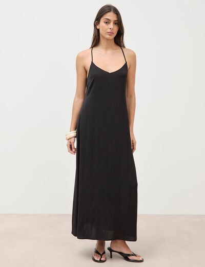 Robe satin&eacute;e bretelles col v noir femme