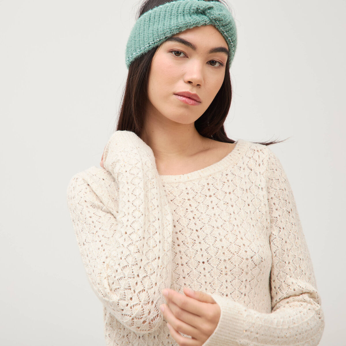 Pull manches longues col bateau creme femme