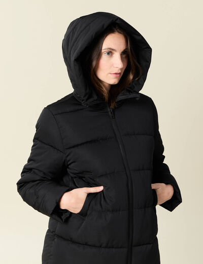 Doudoune longue à capuche noir femme