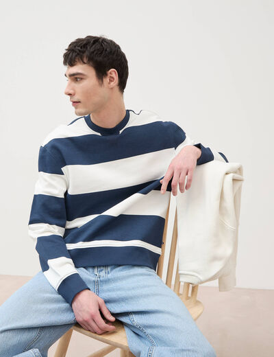 Sweat ray&eacute; col rond manches longues bleu marine homme