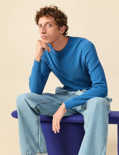 Pull fin col rond manches longues bleu fonc&eacute; homme