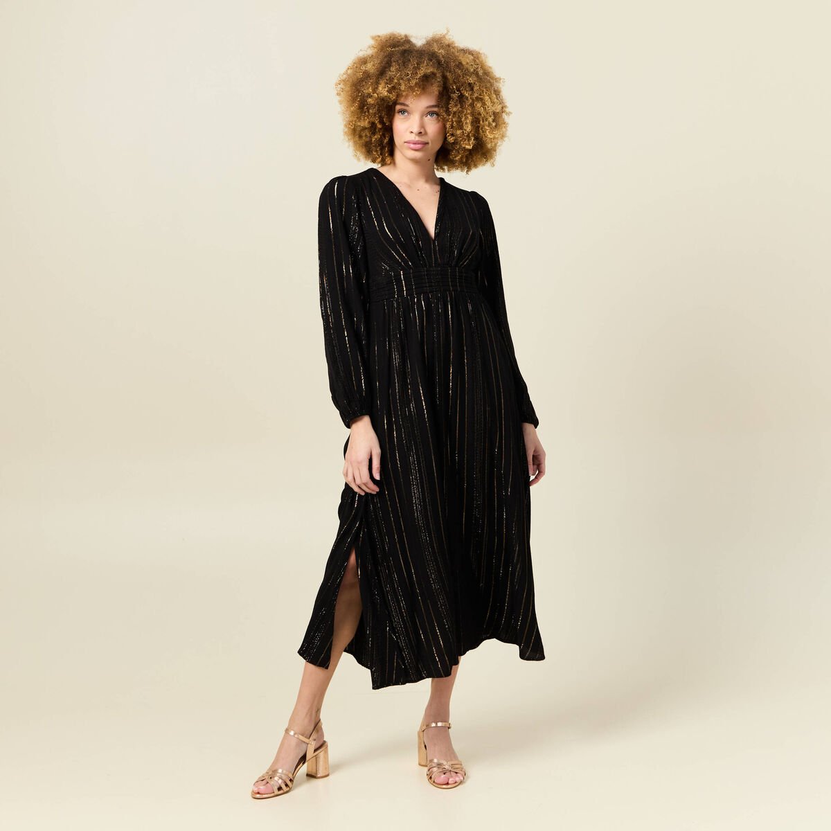 Robe longue évasée fluide noir femme