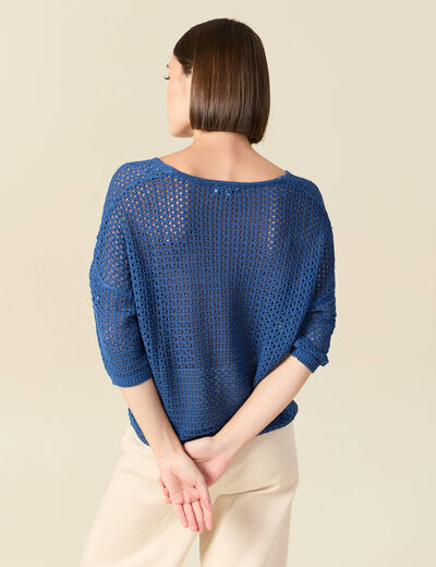 Pull ajour&eacute; col v manches 3/4 bleu marine femme