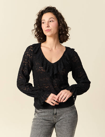 Blouse droite courte manches longues noir femme