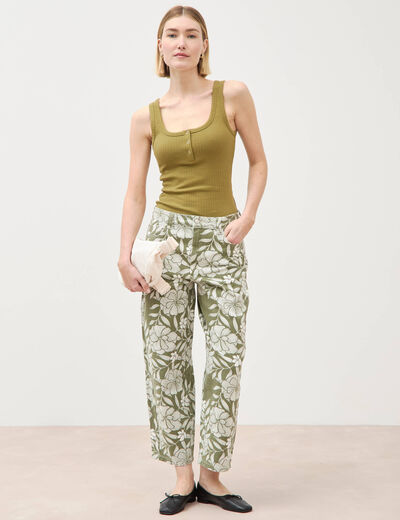 Pantalon loose taille haute en coton vert kaki femme