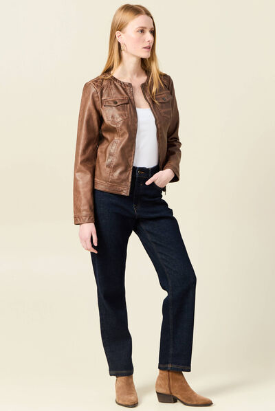 Veste cintrée zippée col rond marron femme