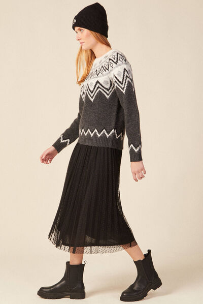 Pull manches longues col rond gris foncé femme