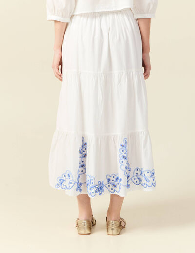 Jupe longue évasée brodée ecru femme