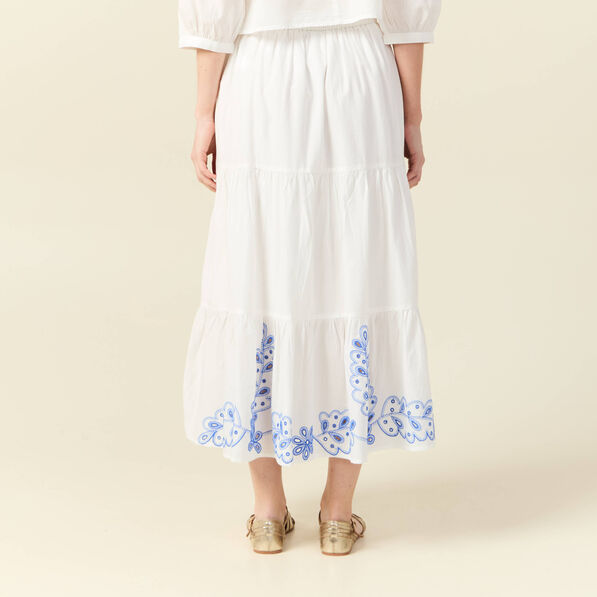 Jupe longue évasée brodée ecru femme