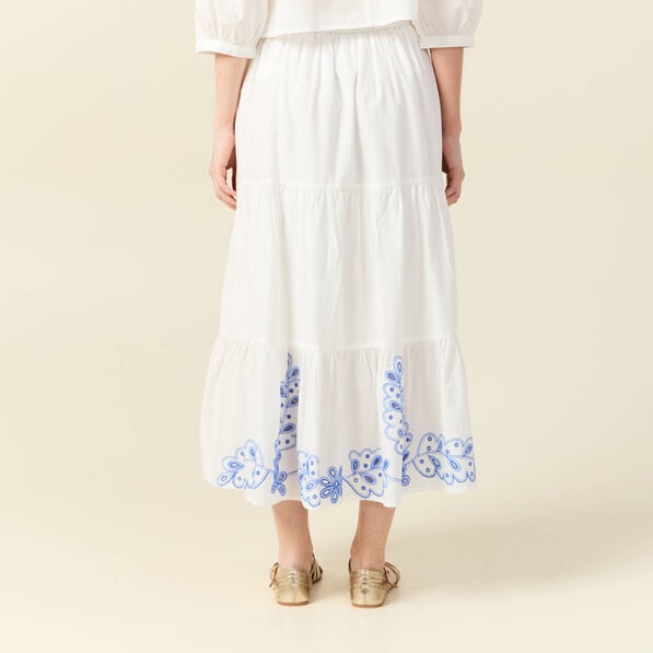 jupe longue evasee brodee ecru femme Jupe longue évasée brodée ecru femme