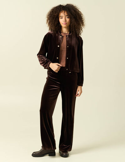 Pantalon large taille haute en velours marron fonc&eacute; femme