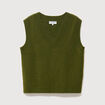Pull sans manches col en V vert kaki femme