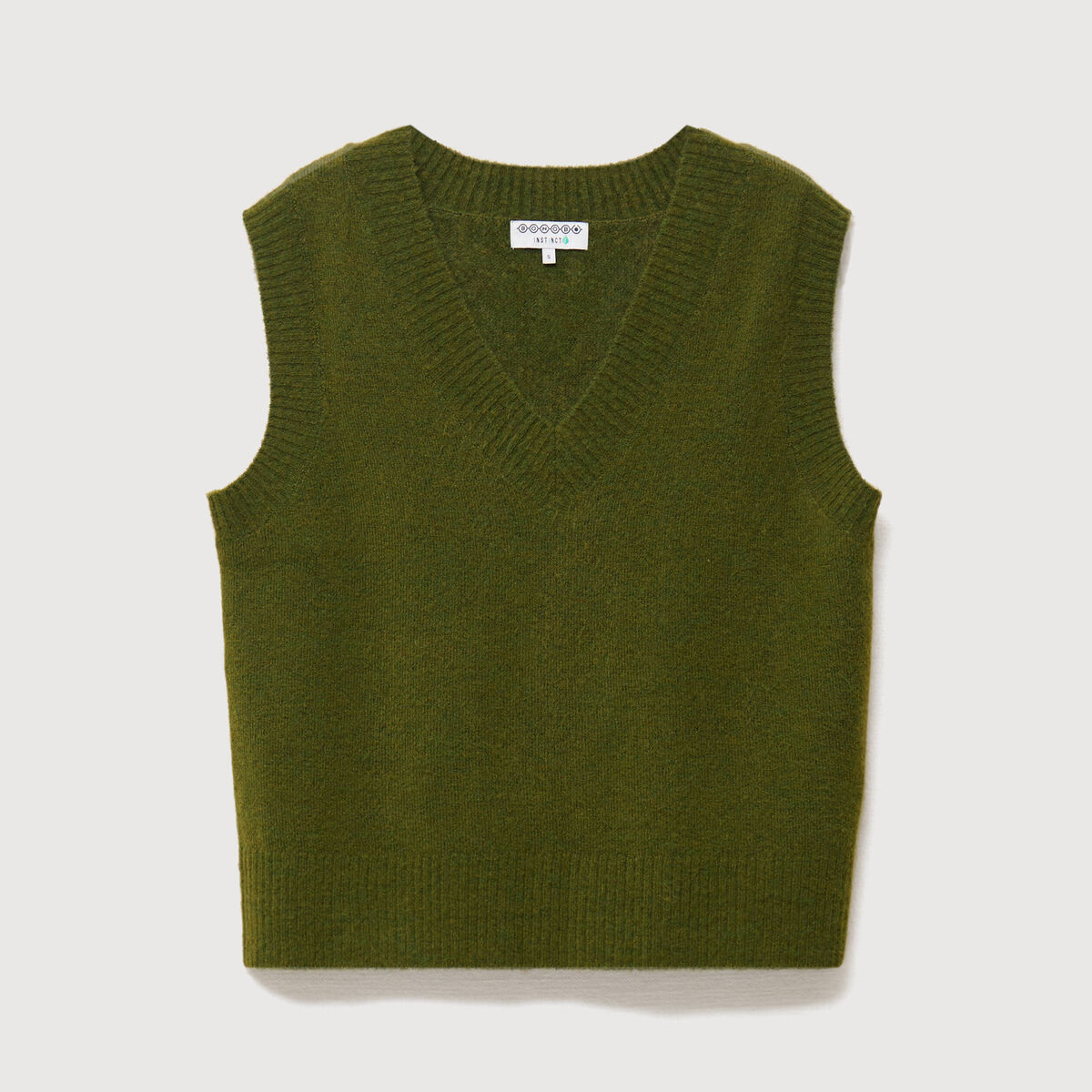 Pull sans manches col en V vert kaki femme