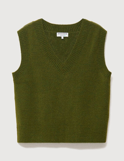 Pull sans manches col en V vert kaki femme