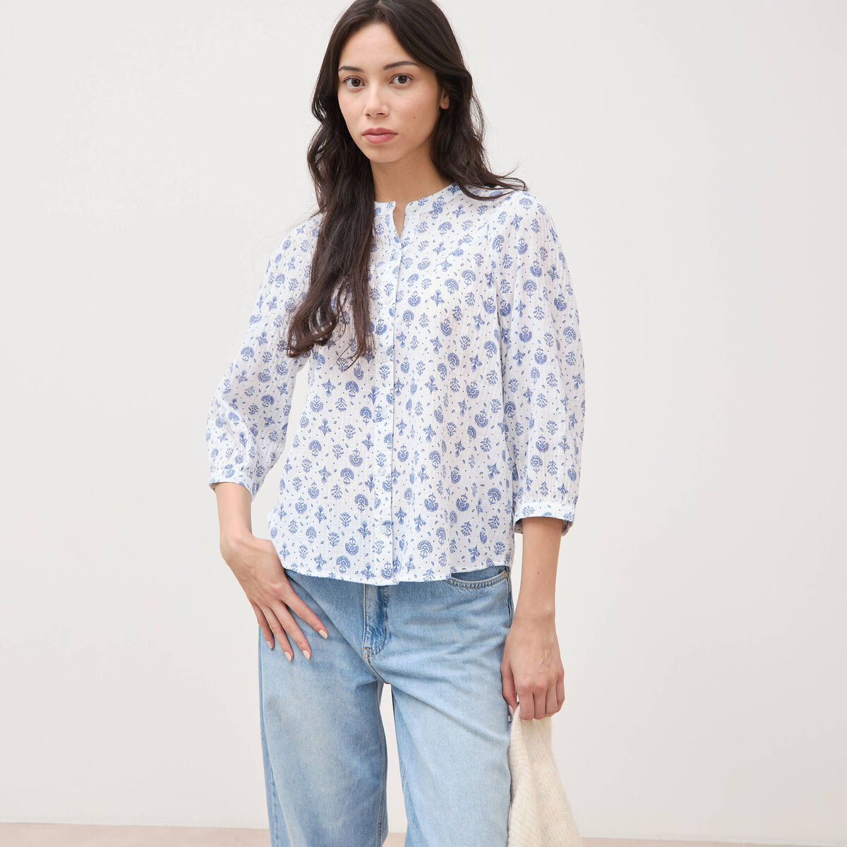 Chemise &agrave; manches longues bleu femme