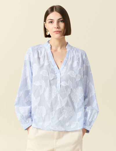 Chemise en coton col V manches longues bleu gris femme