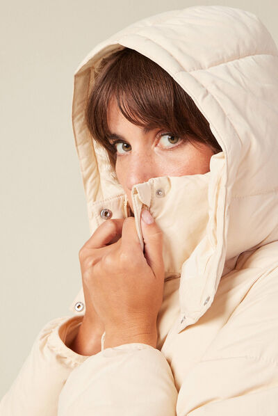Doudoune droite à capuche beige femme