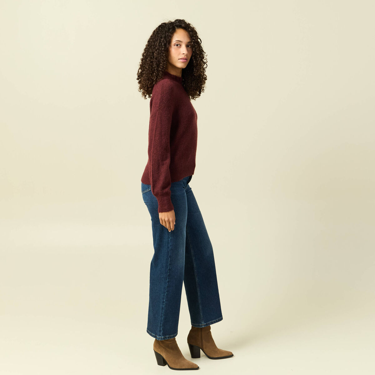 Pull col montant manches longues bordeaux femme