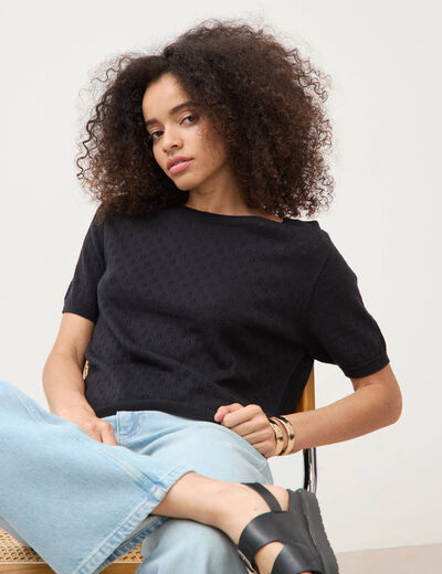 Pull col rond manches courtes noir femme