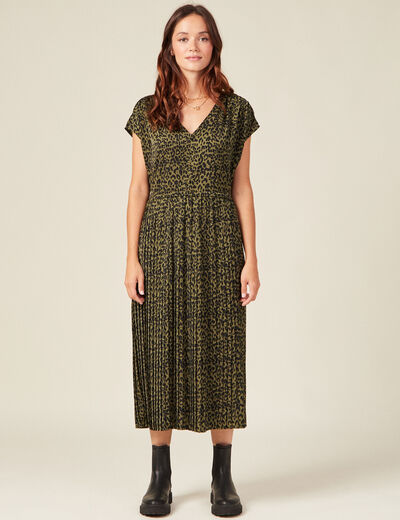 Robe midi évasée plissée satin vert kaki femme