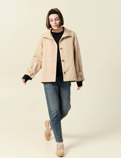 Trench droit court col montant beige femme