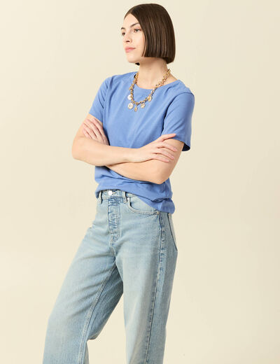 T-shirt cintr&eacute; col rond manches courtes bleu lavande femme