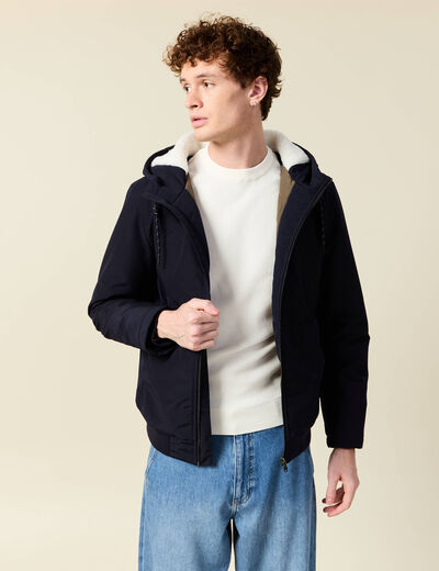 Parka courte &agrave; capuche bleu fonc&eacute; homme