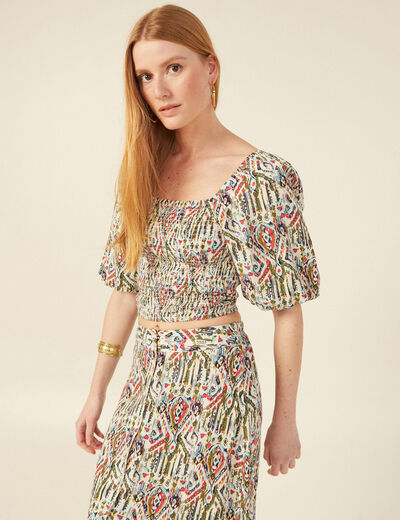 Blouse manches courtes smockée multicolore femme