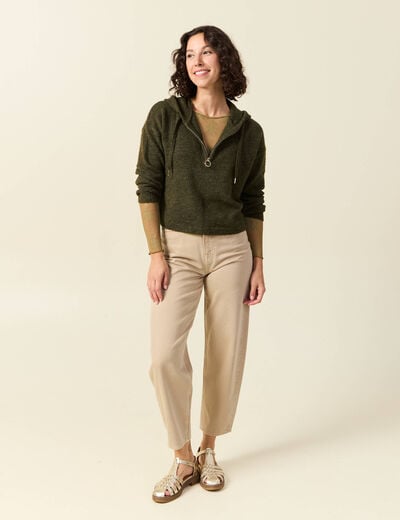 Pull &agrave; capuche zipp&eacute; vert kaki femme