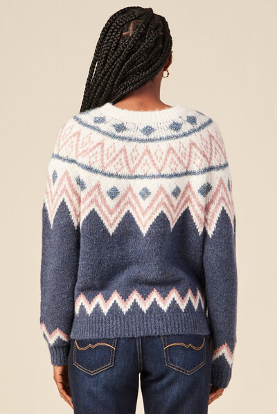 Pull manches longues col rond bleu canard femme