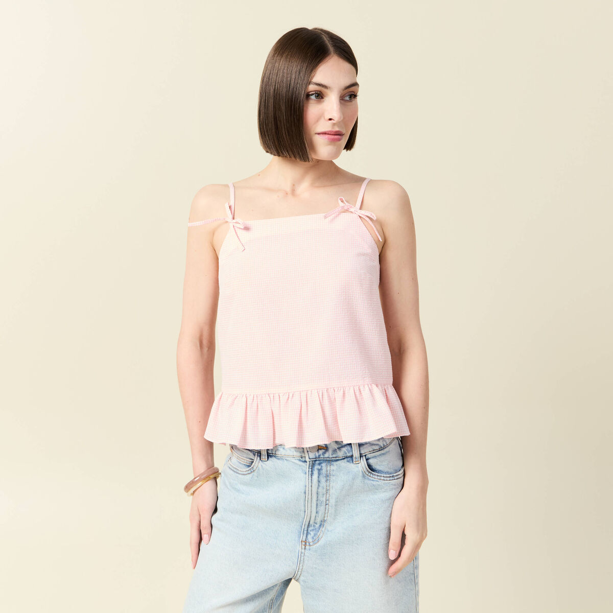 Débardeur droit court col carré rose clair femme