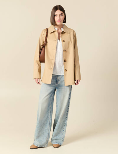Blouse col mao manches longues en coton ecru femme