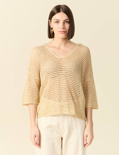 Pull manches courtes ajouré creme femme