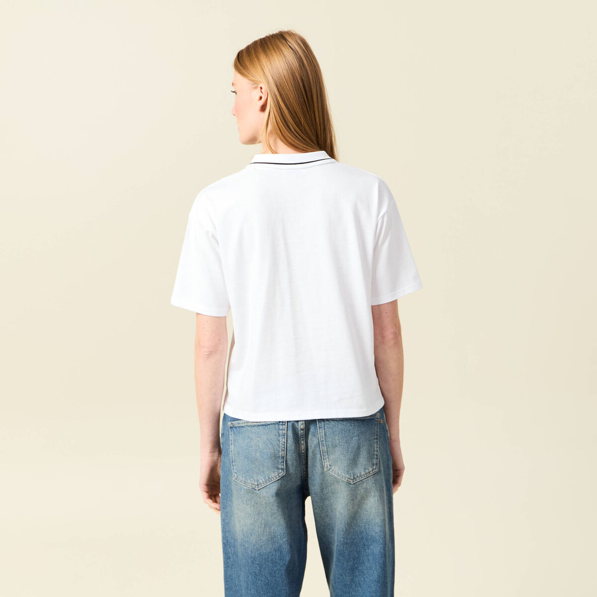 T-shirt droit court col V en coton blanc femme