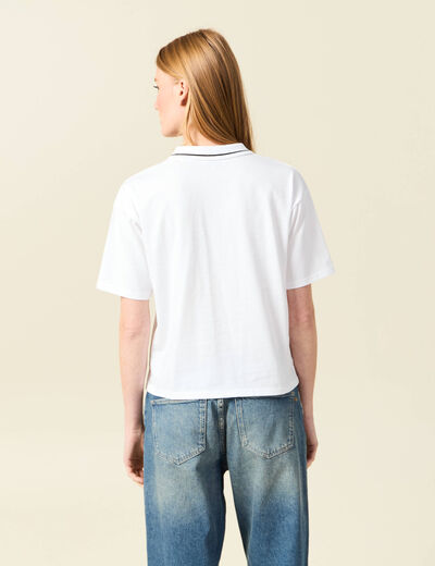 T-shirt droit court col V en coton blanc femme