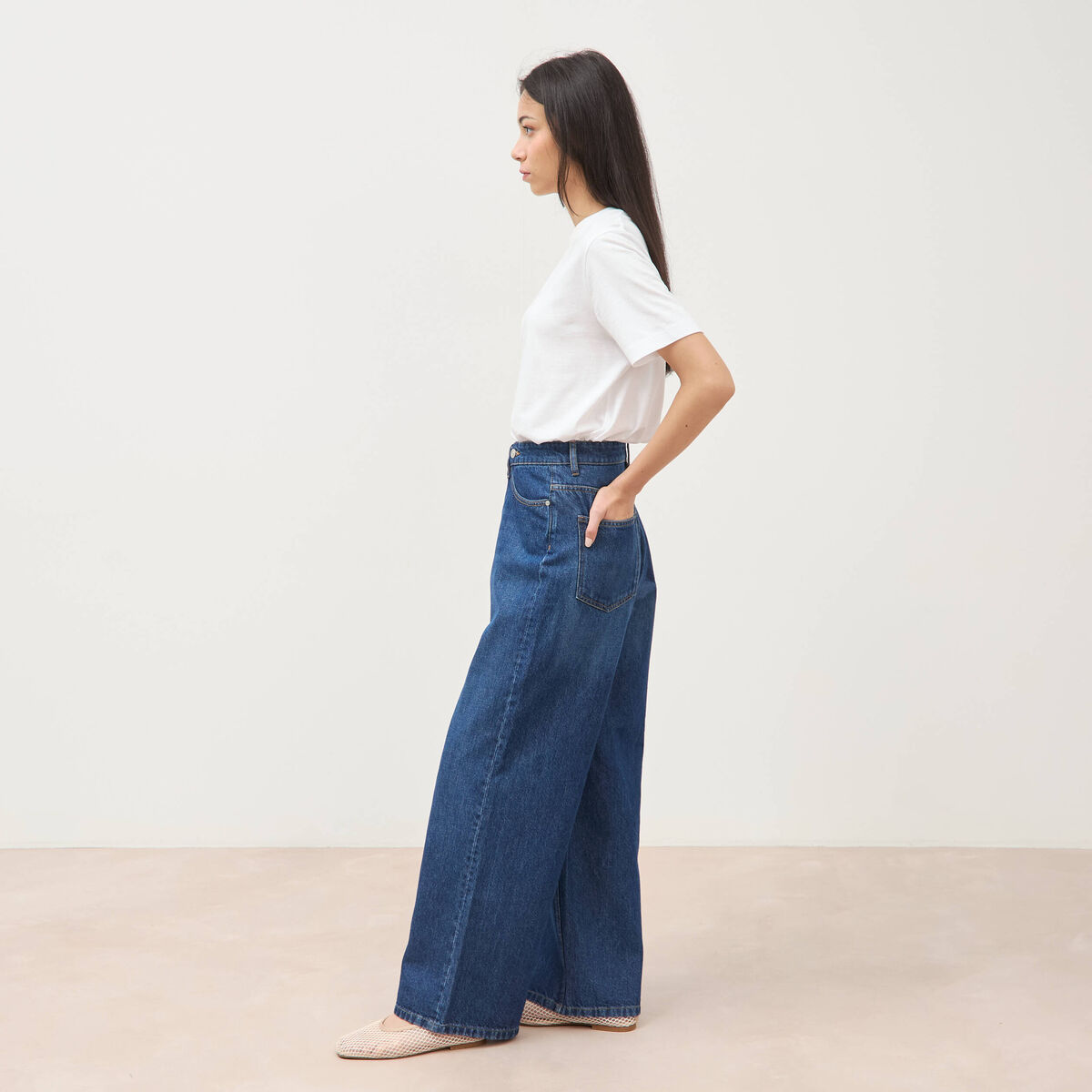 Jeans loose taille haute en coton denim stone femme