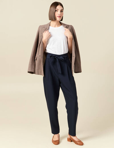 Pantalon carotte taille haute bleu marine femme